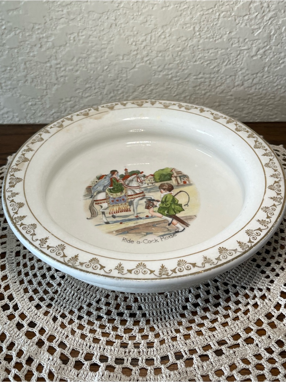Antique D.E. McNicol Holdfast Baby Plate Ride a-Co*k Horse 1897–1915